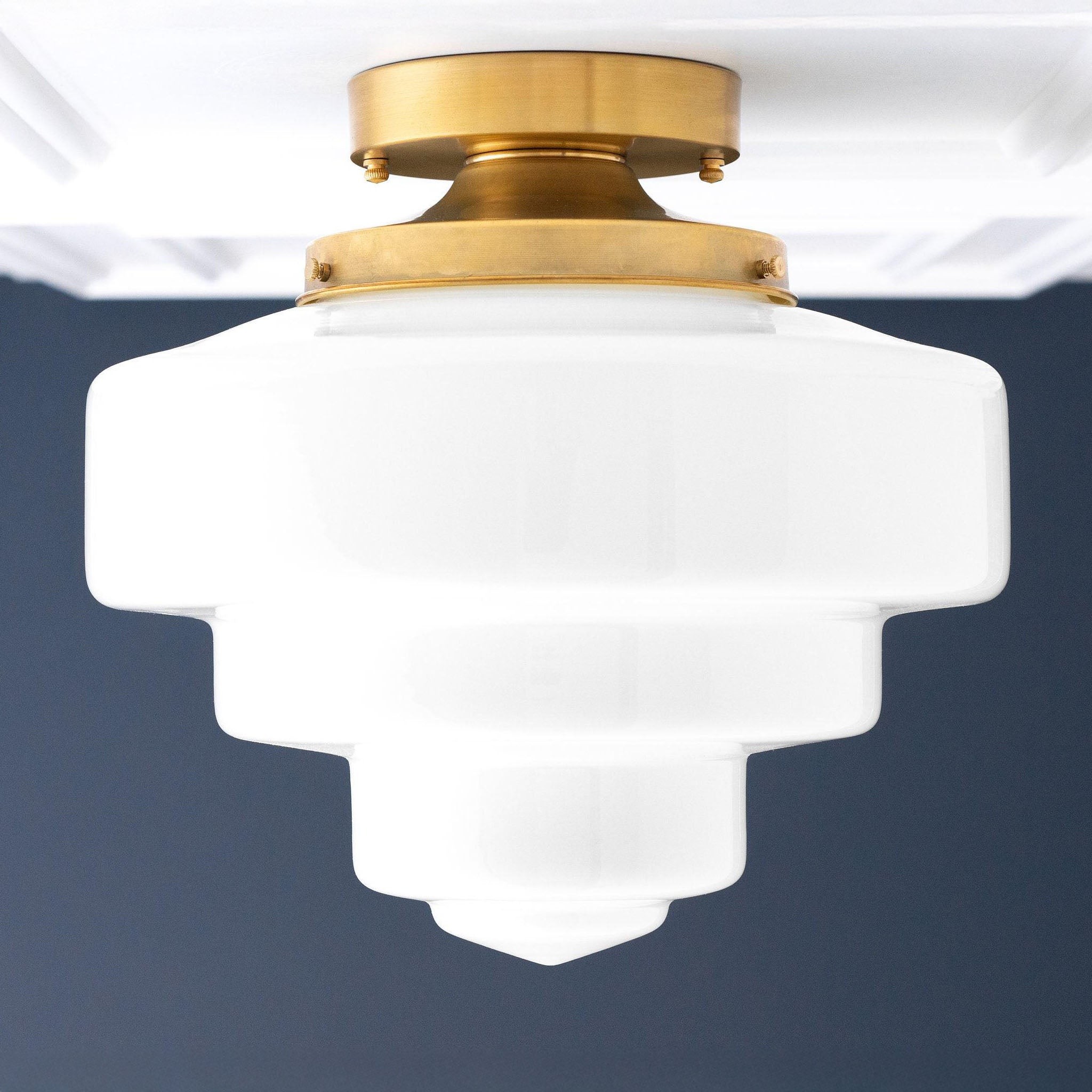 Geotower Glass Brass Ceiling Lamp – Handblown Opal Glass Globe Light T365