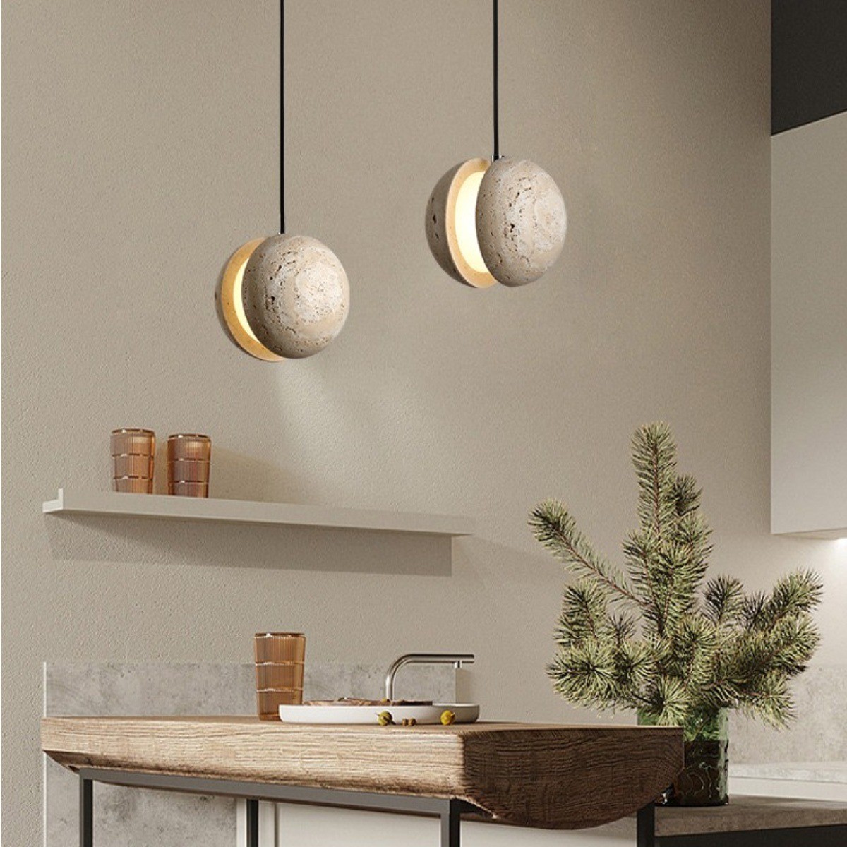 Contemporary Sandwich Shape Travertine Pendant Light S259