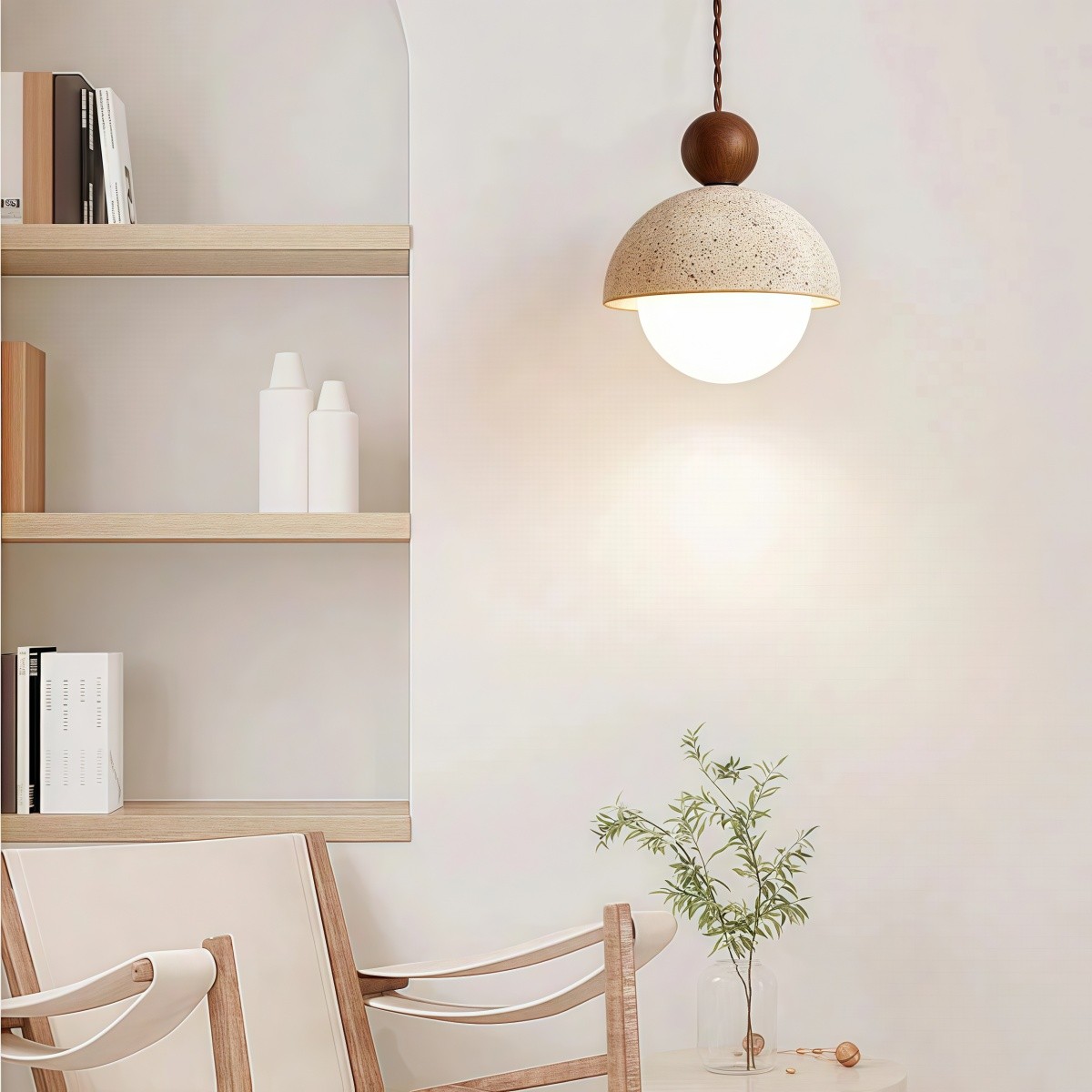 Beige Stone Umbrella Pendant Lamp With Wooden Sphere Accent S270