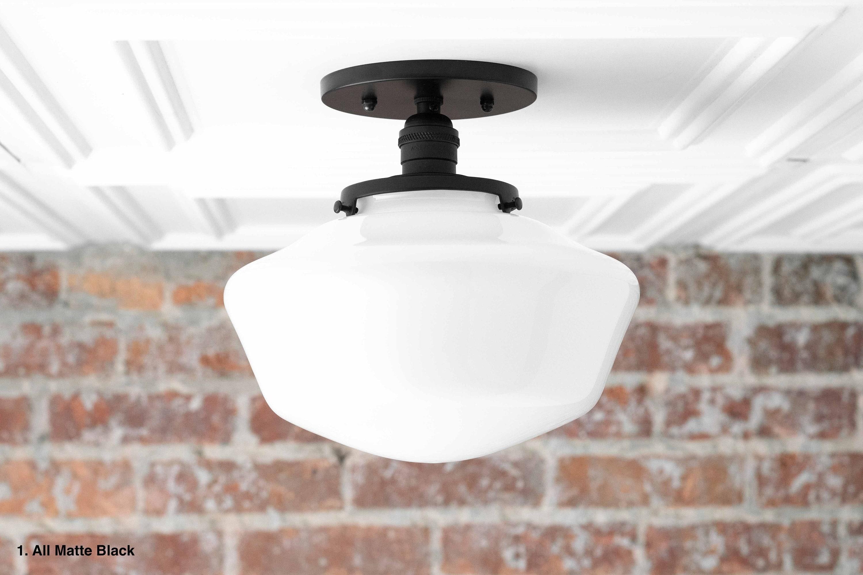 Geotower Glass Brass Ceiling Light - Opal Glass Schoolhouse Shade - Modern Elegance T370