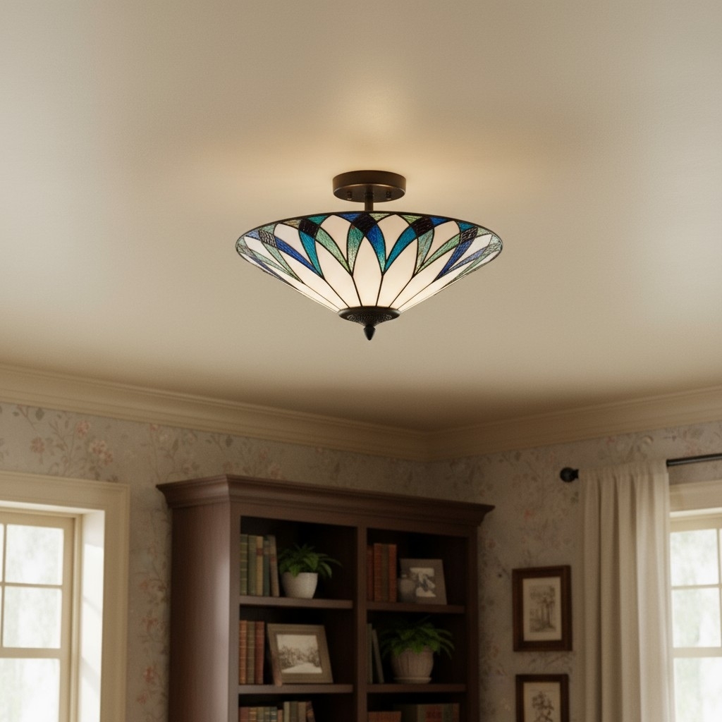 TF Allanton Tiffany Semi Flush Ceiling Light - Art Nouveau Patterned Shade for Living or Dining T1006