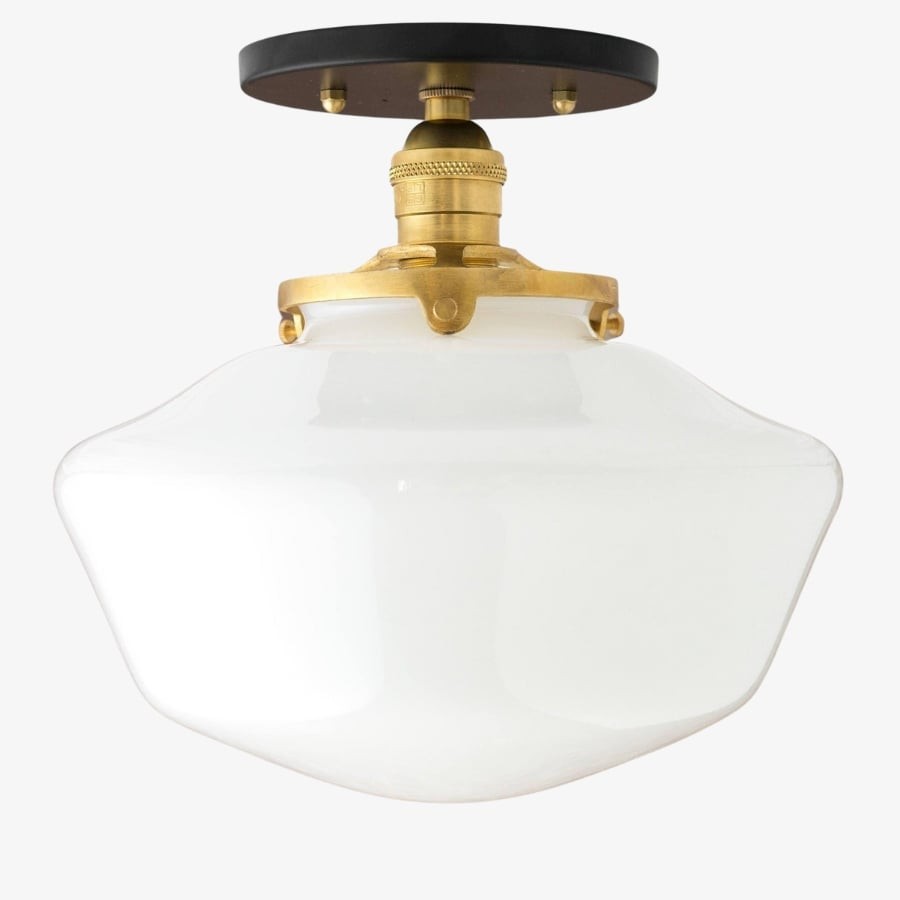 Geotower Glass Brass Ceiling Light - Opal Glass Schoolhouse Shade - Modern Elegance T370