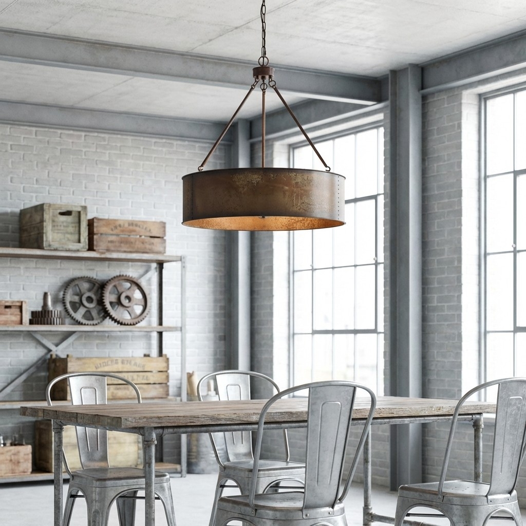 Velara Industrial Drum Shade Pendant Light – Industrial Style Hanging Fixture for Kitchen and Dining U04