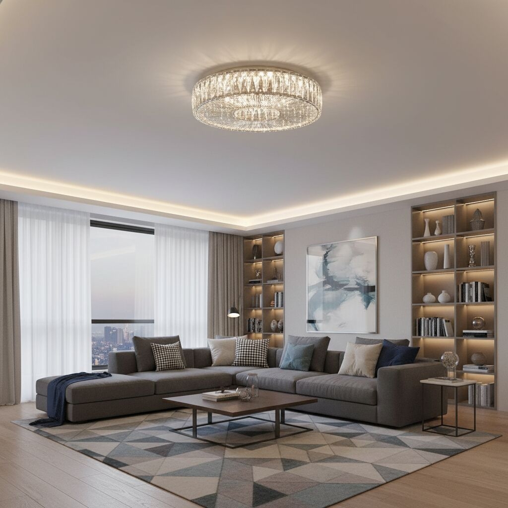 Glomar Glass Round Flush Ceiling Light - Modern Metal Glass Finish Living Areas T542