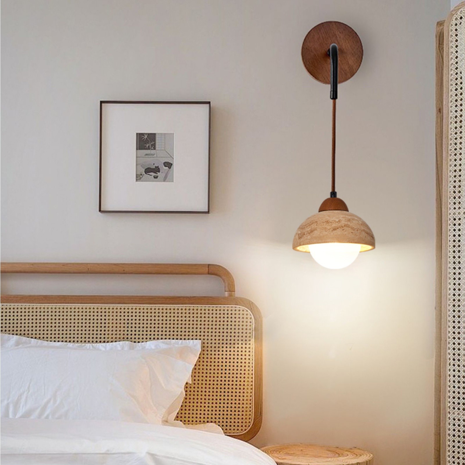 Natural Half Sphere Travertine Pendant Light With Wooden Details S309