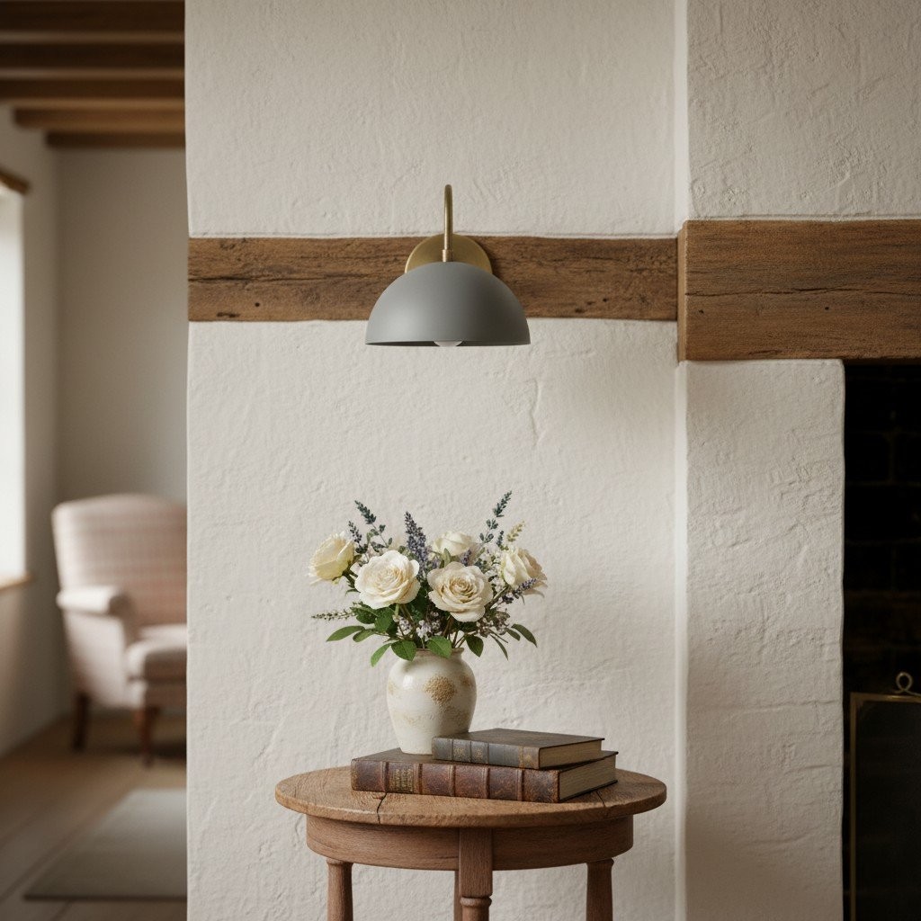 Curva Metal  Industrial Wall Sconce - Curved Brass Arm - Hammered Dome Light Fixture T408