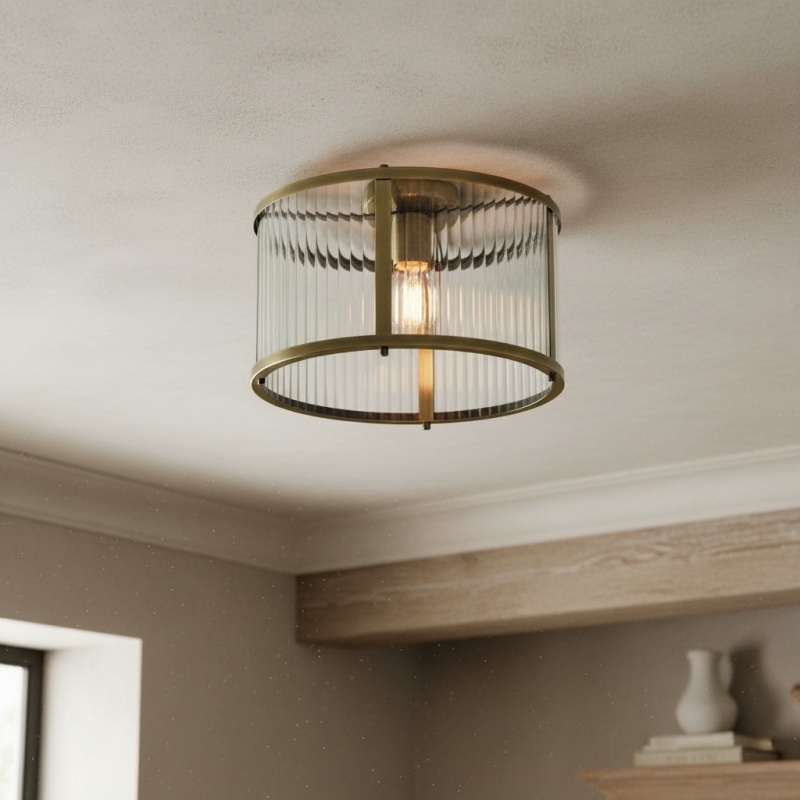 RibGlow Ribbed Glass Flush Ceiling Light - Classic Flush Mount Ceiling Lamp for Living Room or Hallway T819