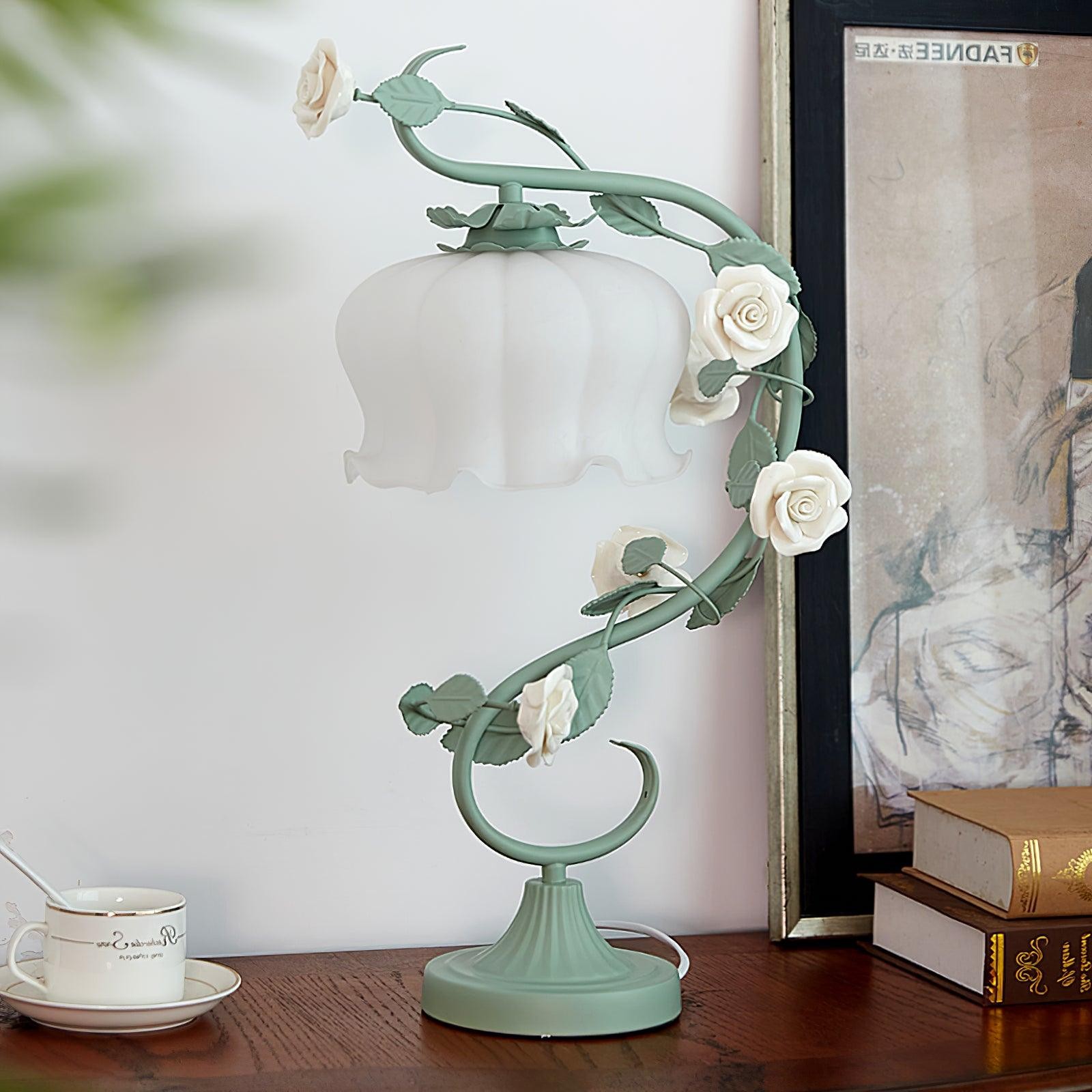 Green Pink White Rose Flower Table Lamp M107