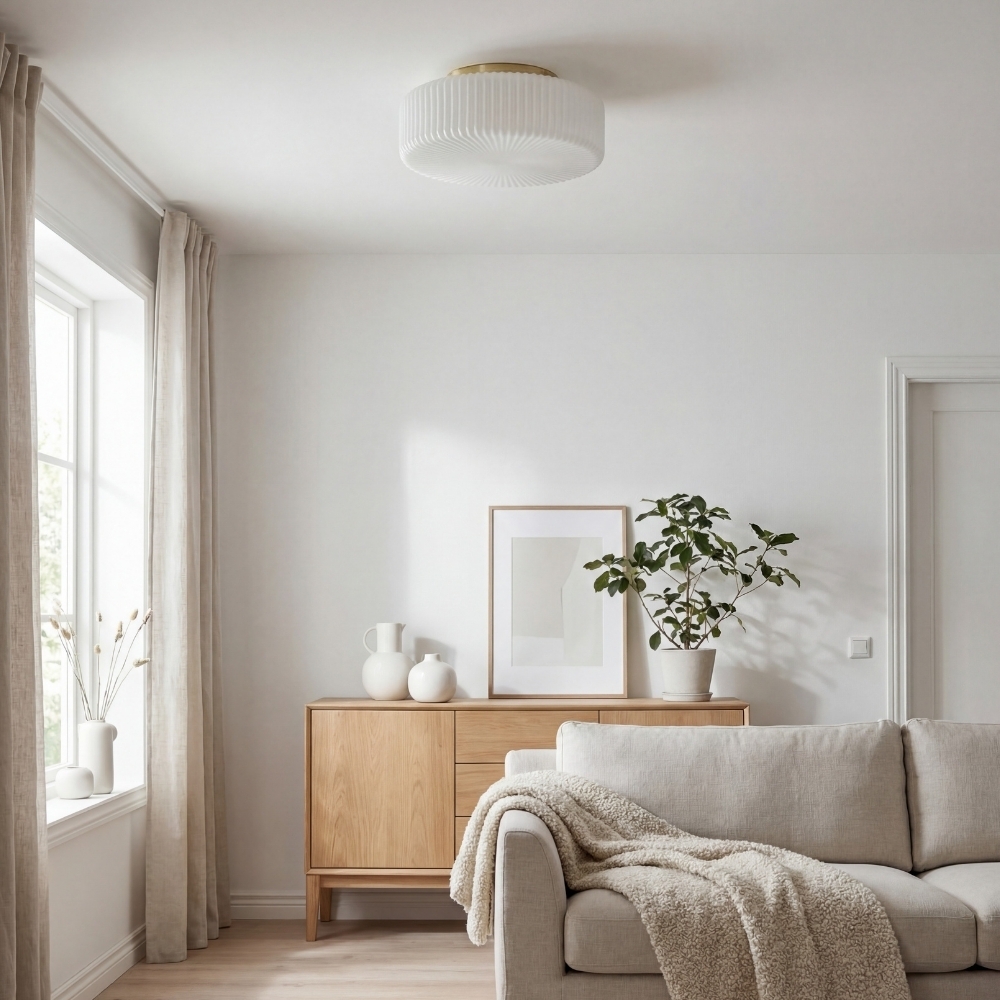 Lunorib Ribbed Opaline Glass Flush Mount Ceiling Light - Modern Hallway Glow T1075