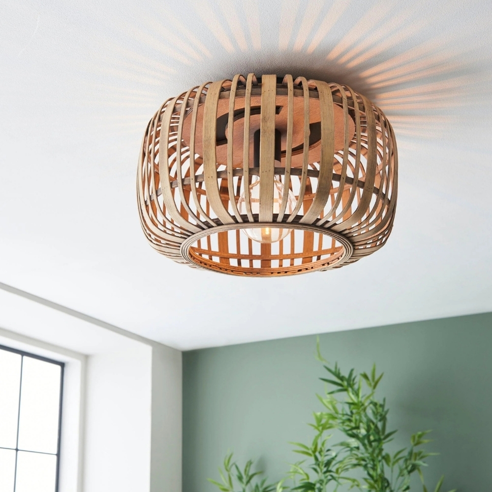 Yumeko Natural Bamboo Flush Ceiling Light - Organic Cage Design Sustainable for Living Room T978