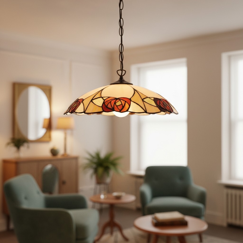 TF Ingram Tiffany Pendant Light - Vintage Handcrafted Stained Glass Floral Shade for Dining Room T1030