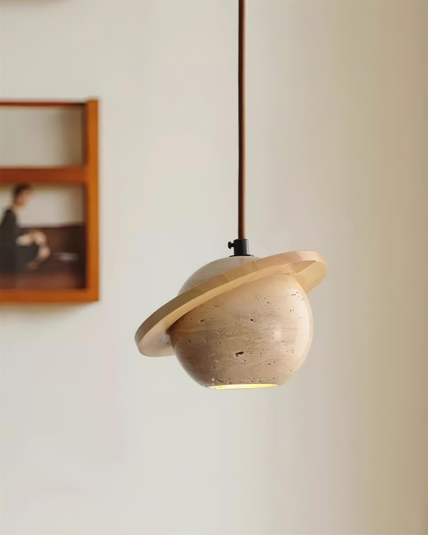 Travertine Sphere Pendant Light with Ring Detail - Kitchen Island Lighting M115