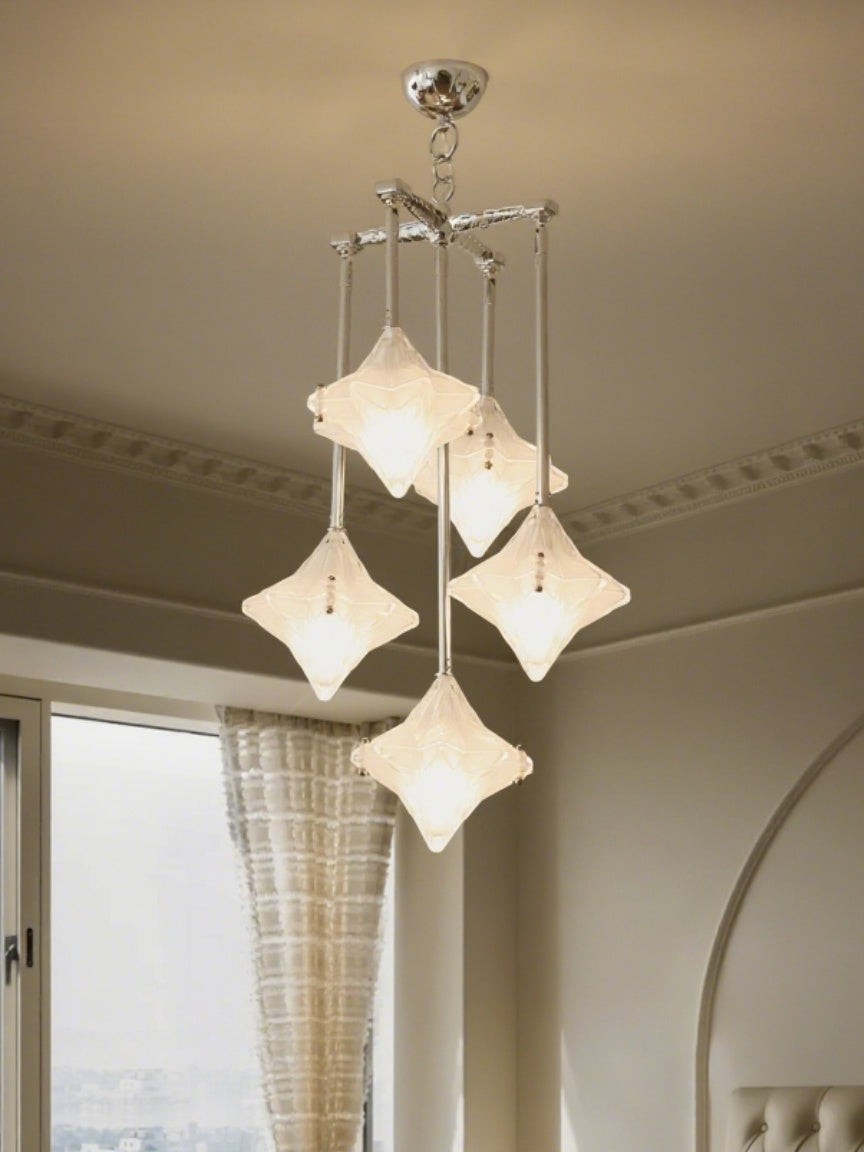 Art Deco Astris Star Chandelier - Frosted Glass Deco Fixture for Dining Room T433