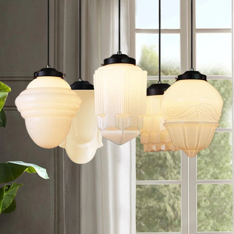 Vintage White Milk Glass Geometric Jar Pendant Light G96
