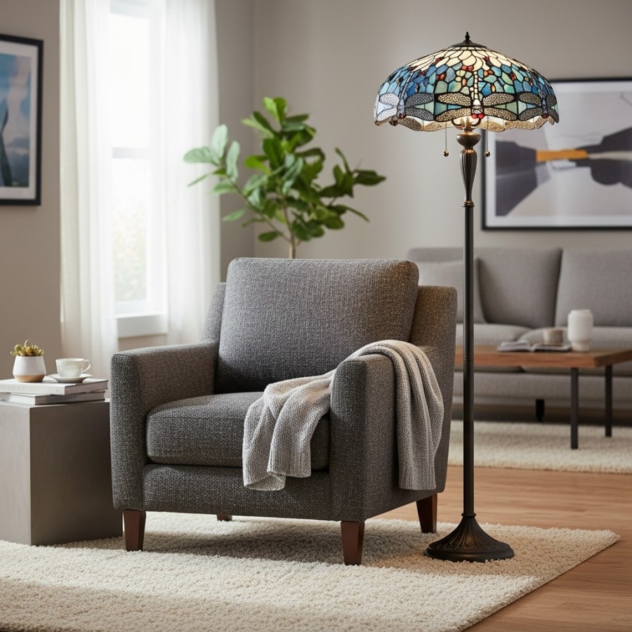 TiffStar Art Glass Floor Lamp with Ornamental Pattern Shade - Standing Light for Living Rooms T943
