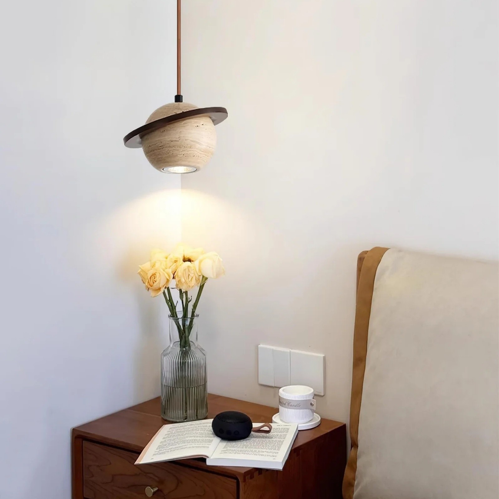 Saturn Pendant Light In Travertine With Warm Ambient Glow S286