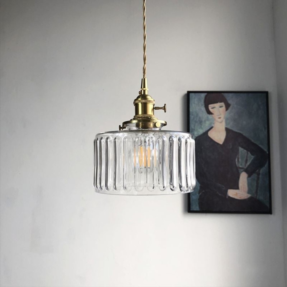 Vintage Cylinder Ribbed Glass Pendant Light S136
