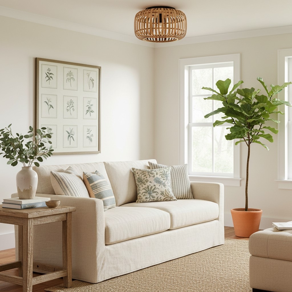 Yumeko Natural Bamboo Flush Ceiling Light - Organic Cage Design Sustainable for Living Room T978