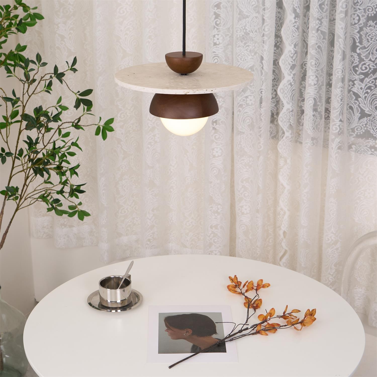 Travertine Disc Hemispherical Wooden Lampshade Chandelier P029