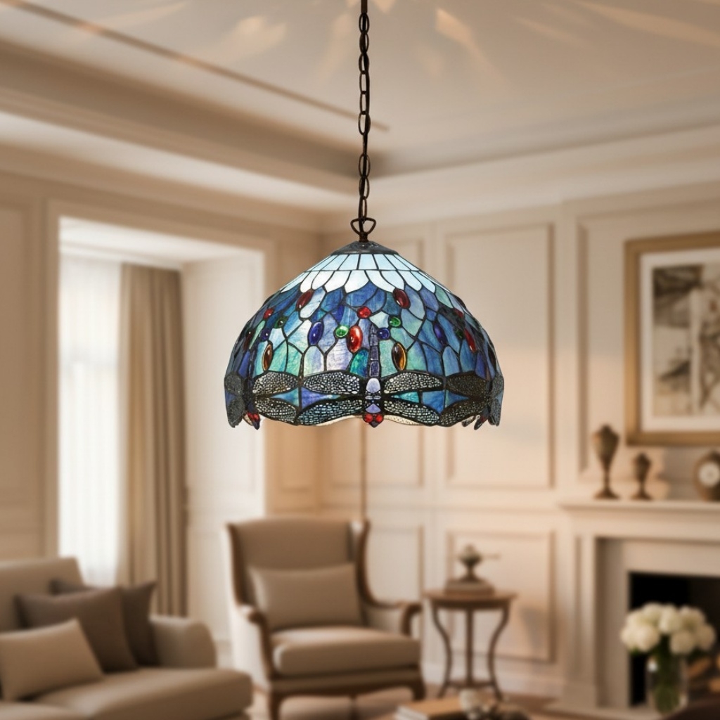 TF Dragonfly Tiffany Pendant Light - Art Nouveau Stained Glass Pendant for Living T849