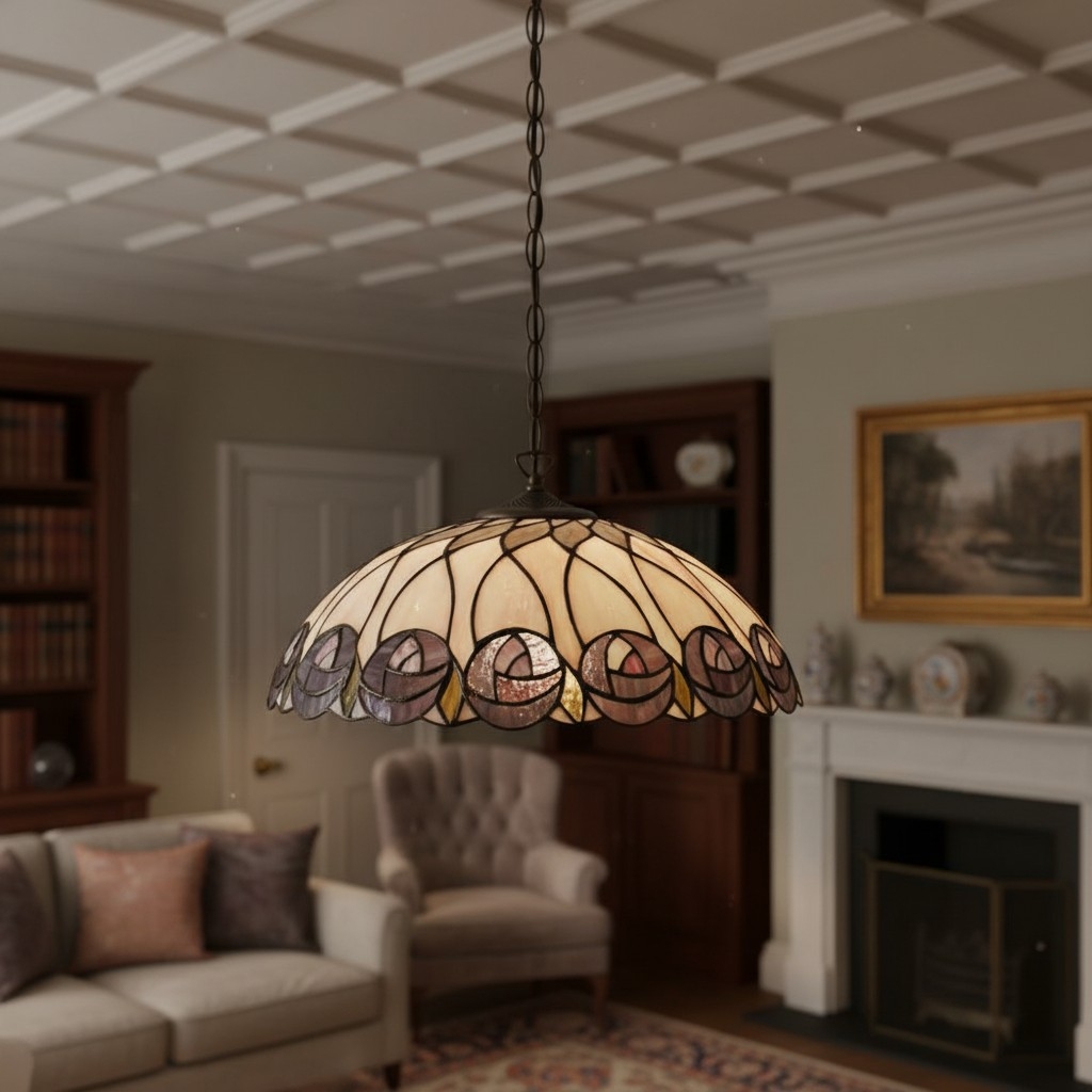 TF Hutchinson Tiffany Glass Pendant Light with Artistic Mosaic Design for Dining and Living Spaces T956