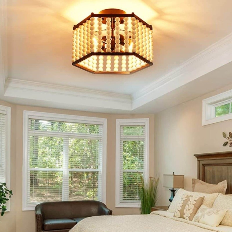 Rustic Hexagonal Wood Bead Ceiling Light S140