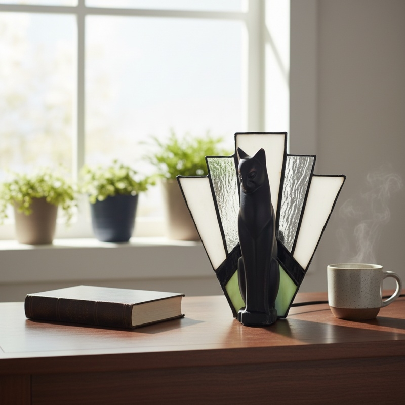 TF Felix Table Lamp - Art Deco Design with Glass Shade and Cat Figurine for Living Room or Bedroom T986
