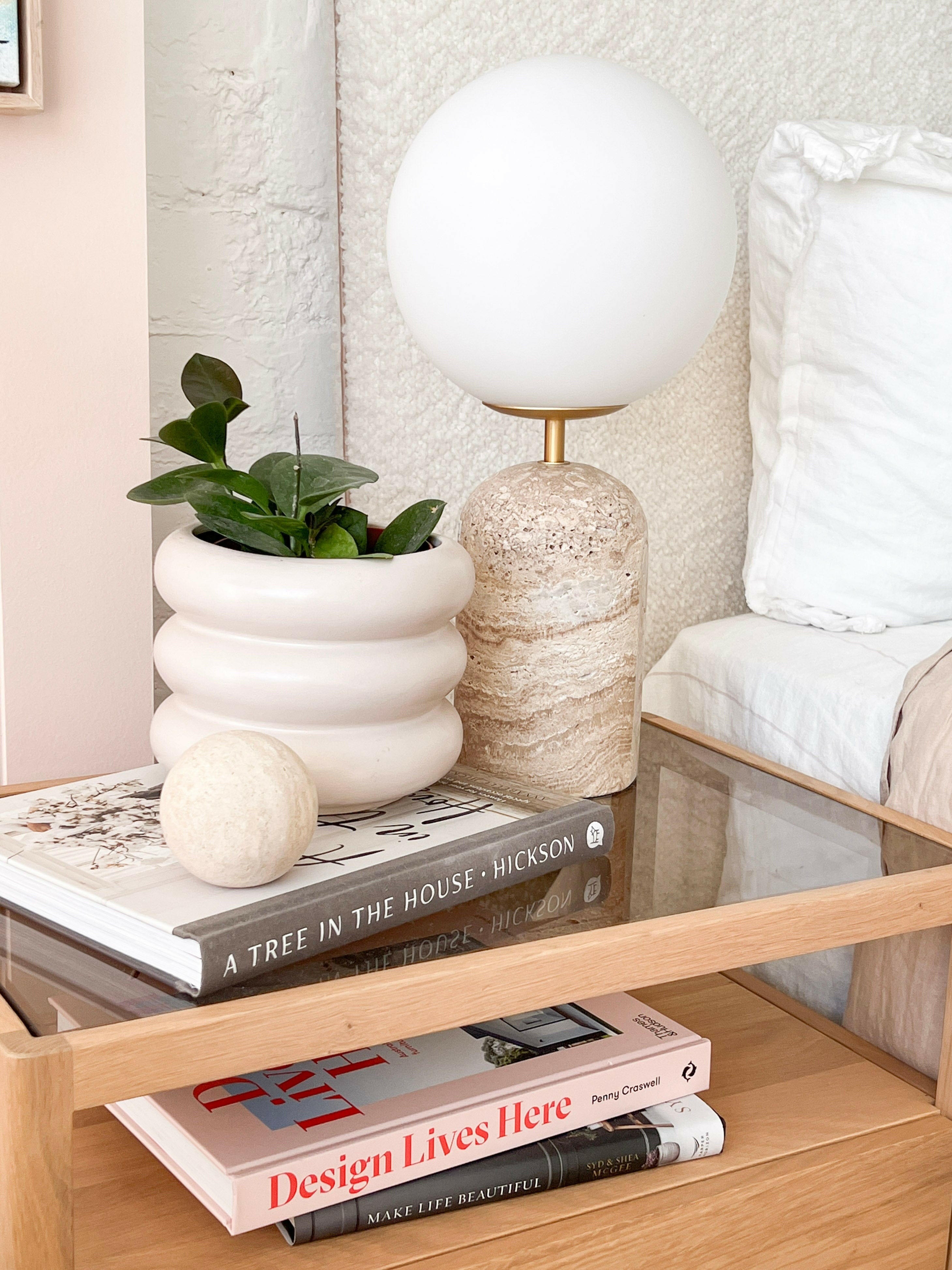 Modern Minimalist Travertine Base Glass Orb Table Lamp G62