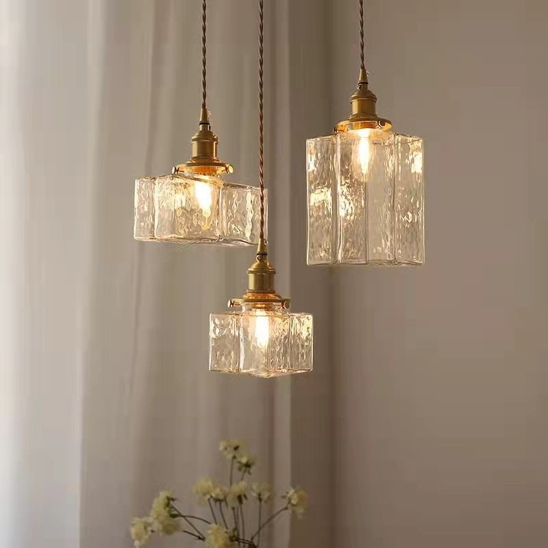 Traditional Vintage Square Rectangle Ripple Glass Iron 1-Light Pendant Light For Living Room T262