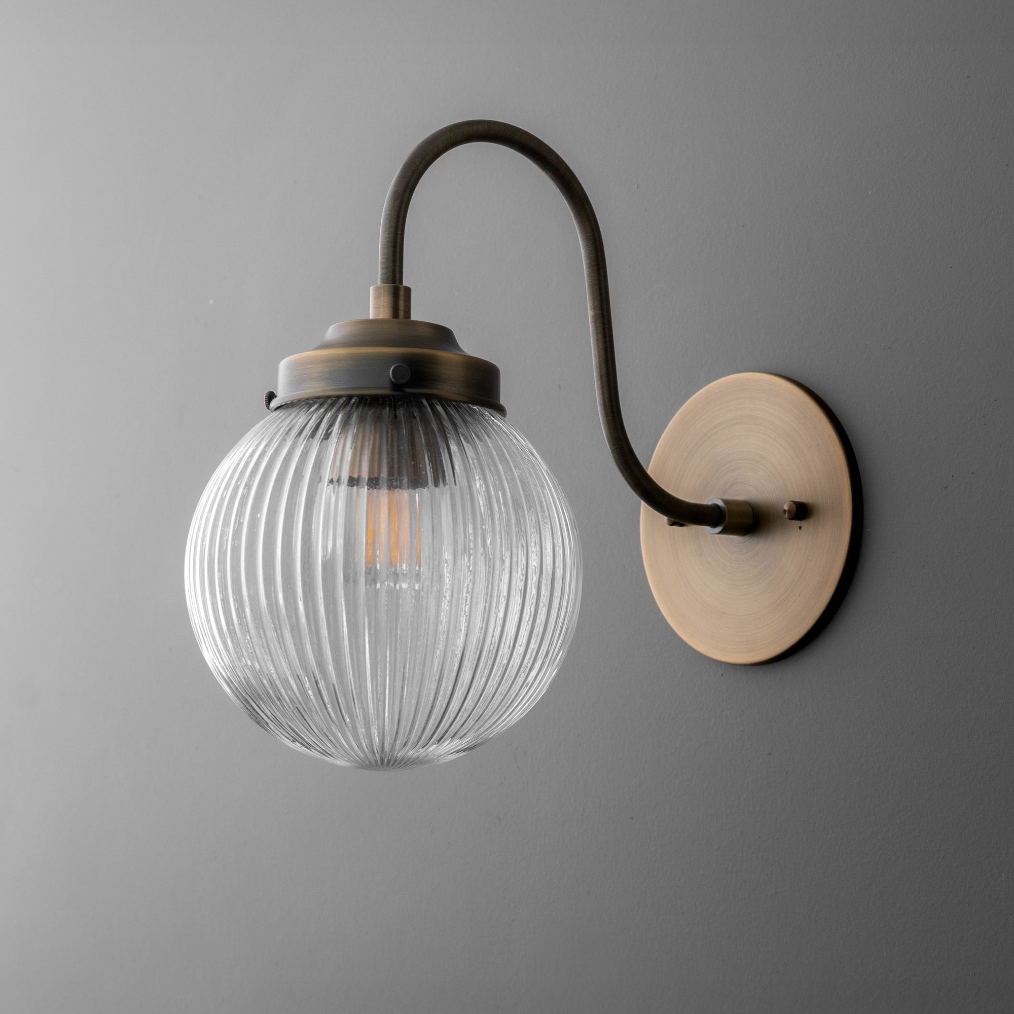 Glorica Glass Aged Brass Wall Sconce - Ribbed Glass Shade Industrial Style Lighting T410