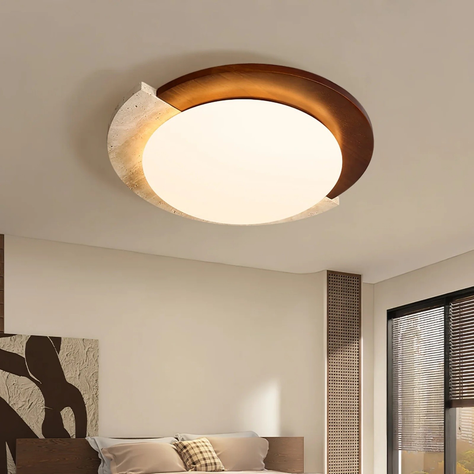 Half Moon Splicing Design Travertine & Wood Ceiling Lamp S292