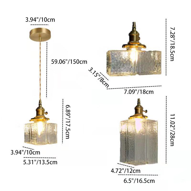 Traditional Vintage Square Rectangle Ripple Glass Iron 1-Light Pendant Light For Living Room T262