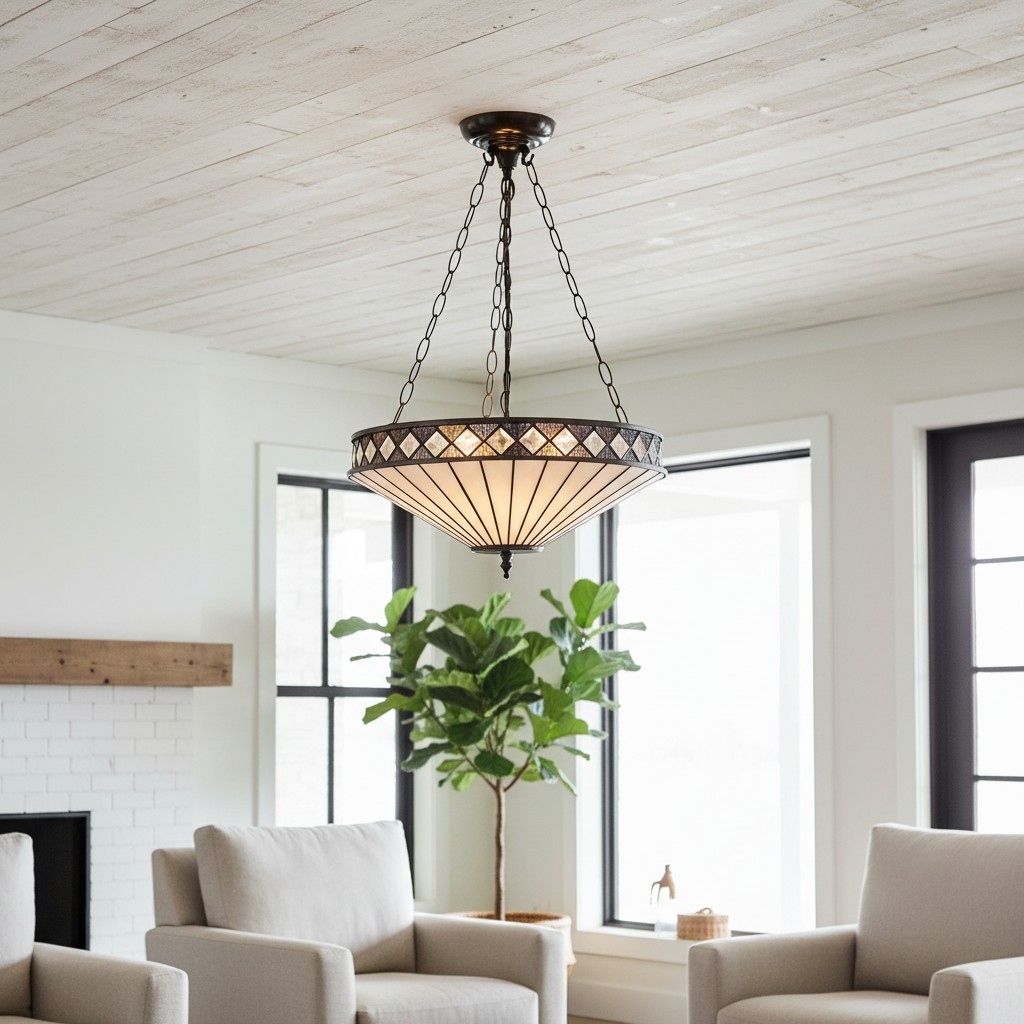 TF Fargo Adjustable Pendant with Stained Glass Inspired Inverted Shade for Island and Dining T981