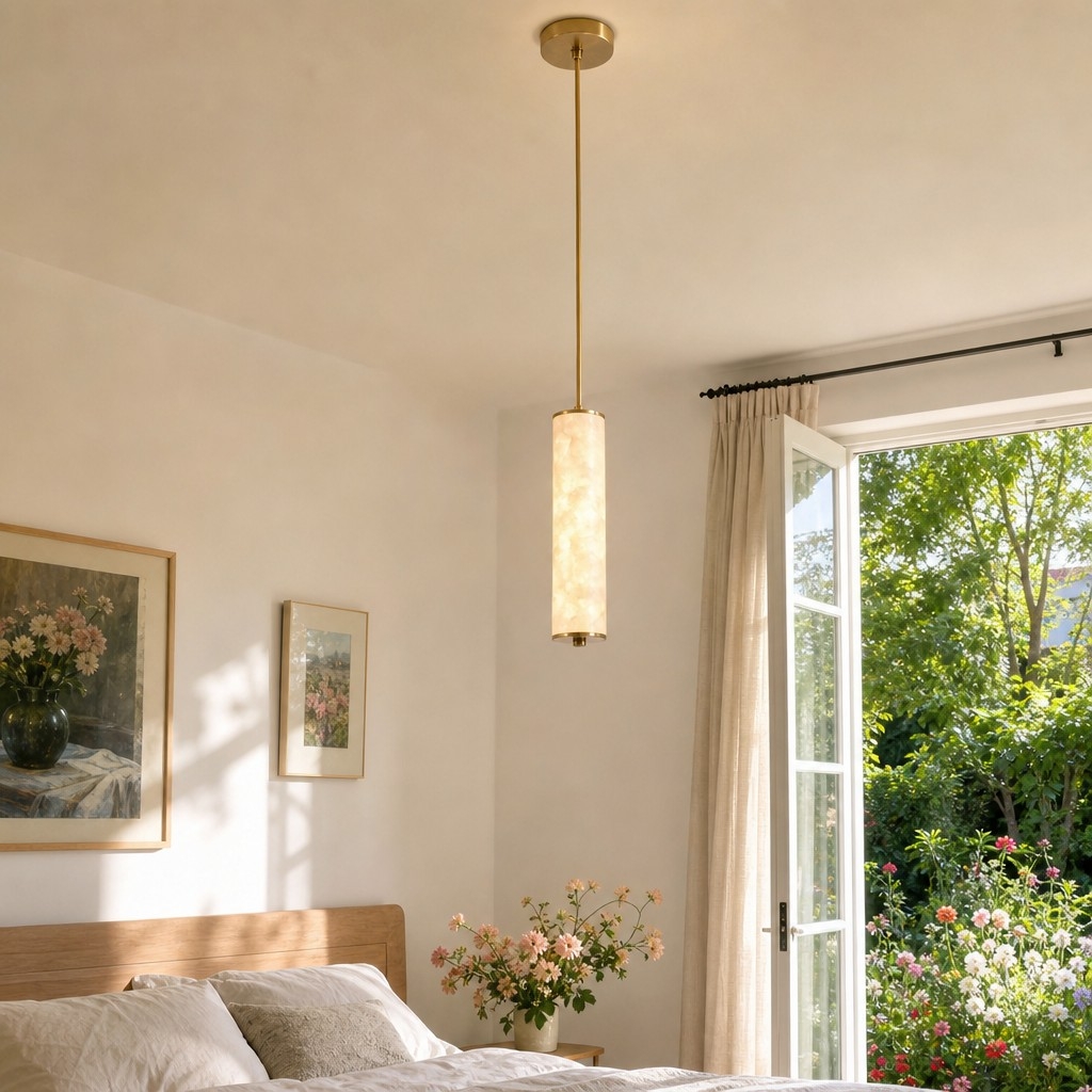 Nacrelith Capiz Shell Cylinder Brass Pendant Light - Nordic Bedroom Lighting T2217