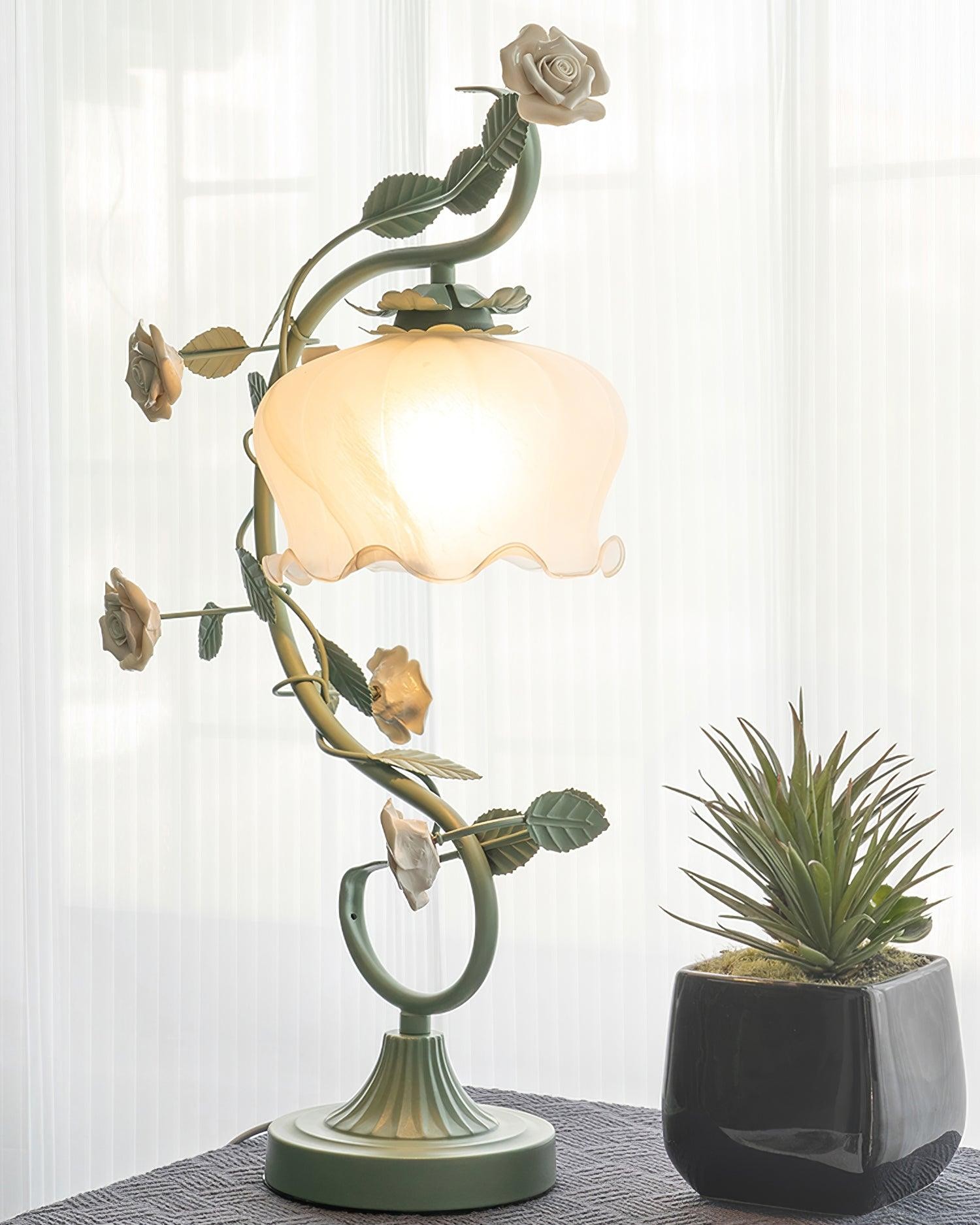 Green Pink White Rose Flower Table Lamp M107