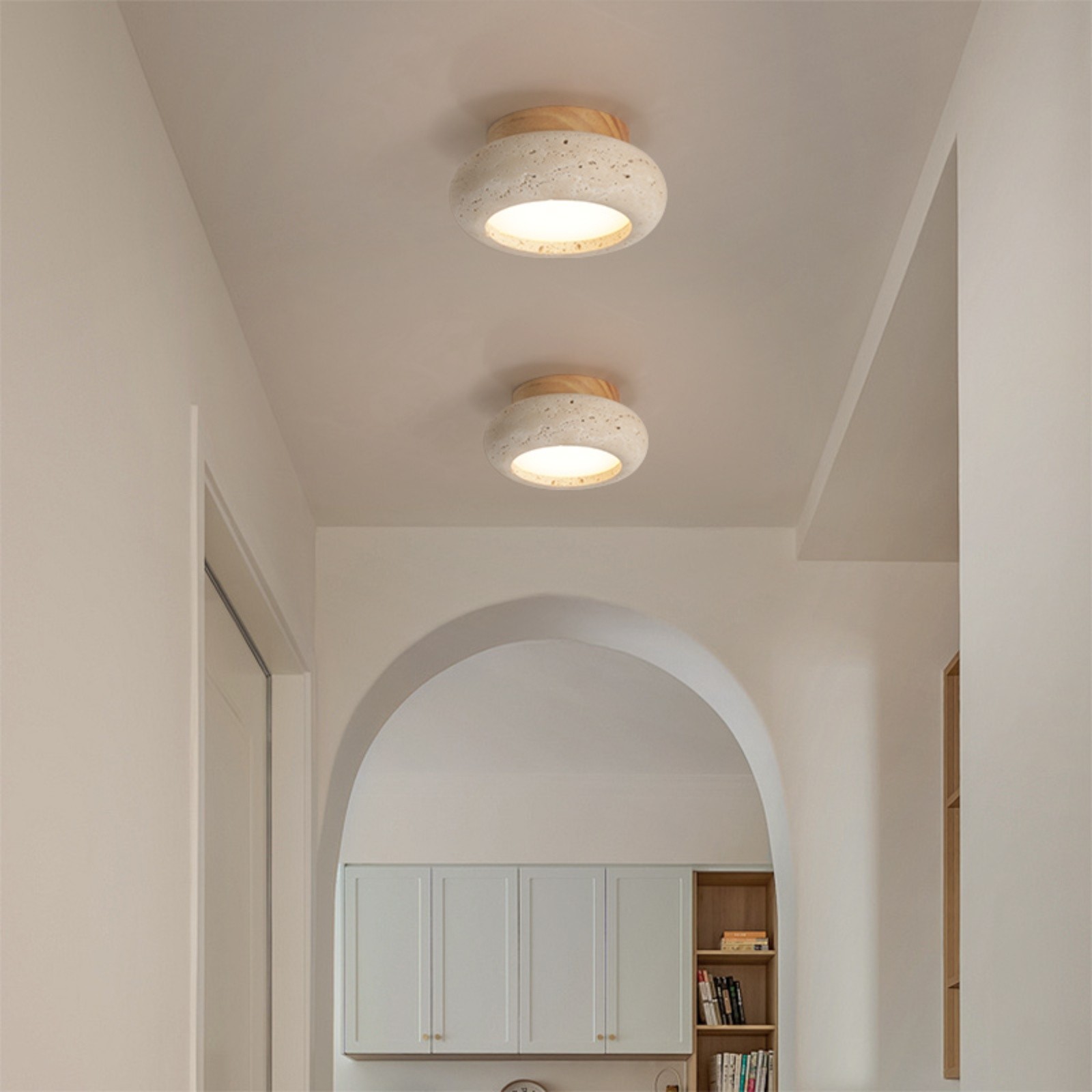 Minimal Bowl Ceiling Fixture in Stone Look - Wood Tone Base Light S299
