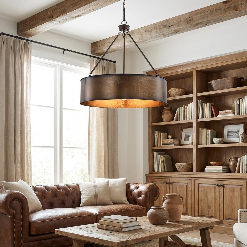 Velara Industrial Drum Shade Pendant Light – Industrial Style Hanging Fixture for Kitchen and Dining U04