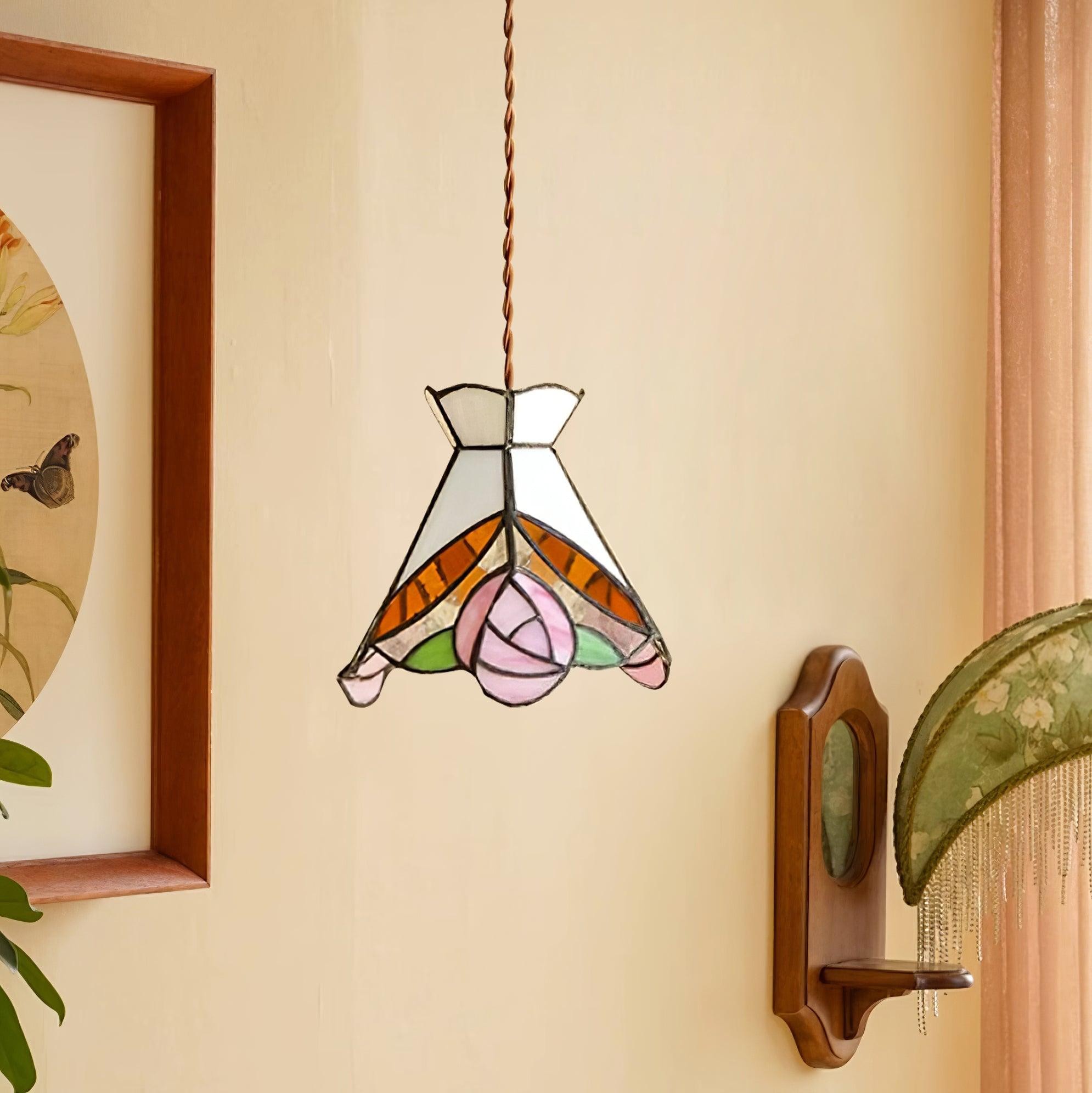 French Retro Rose Stained Glass Pendant Lamp M89