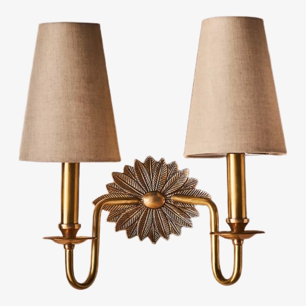 Duova Double Sconce - Antique Brass Metal and Linen Shades for Bedroom or Study T716