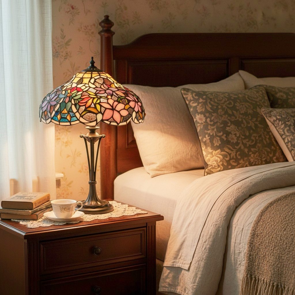 TF Sullivan Tiffany Table Lamp - Floral Stained Glass Design for Bedroom or Living Room T913