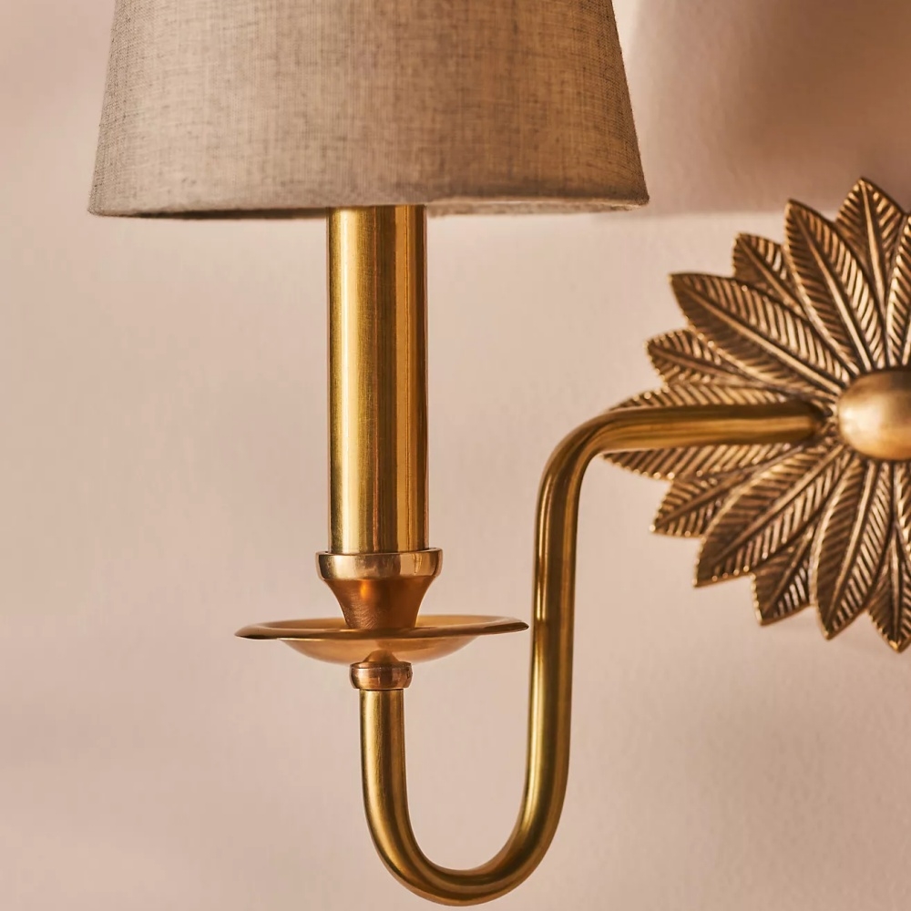 Duova Double Sconce - Antique Brass Metal and Linen Shades for Bedroom or Study T716
