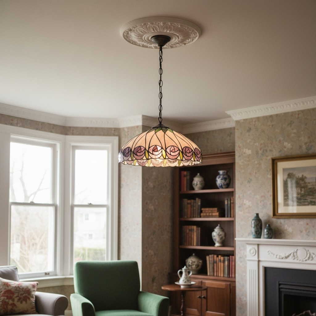 TF Hutchinson Tiffany Glass Pendant Light with Artistic Mosaic Design for Dining and Living Spaces T956
