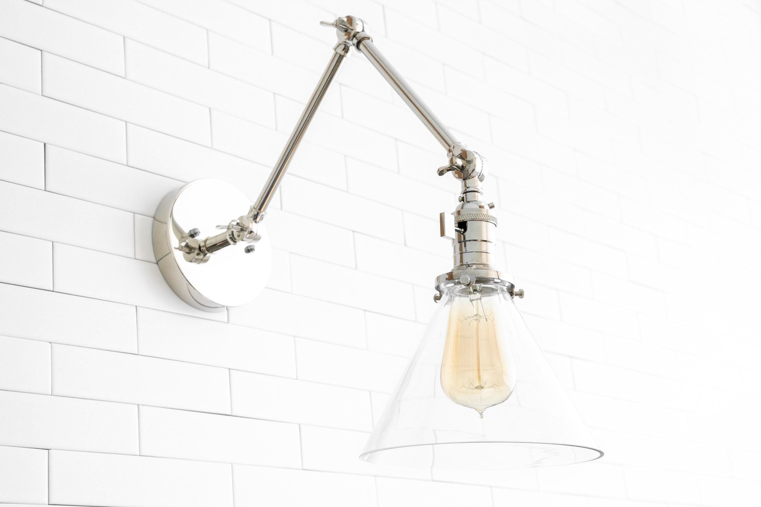 Conique Metal Industrial Wall Sconce with Adjustable Arm - Vintage Glass Cone Shade T311