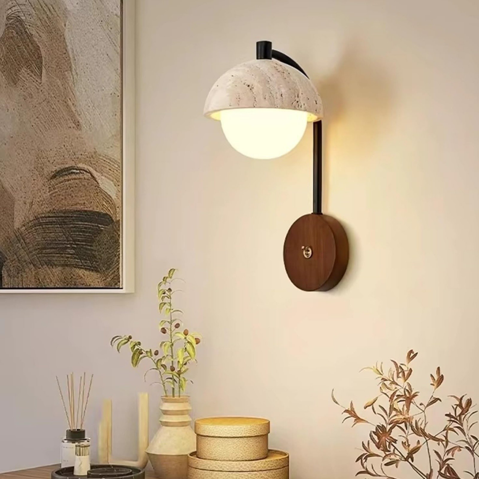 Rustic Travertine Wall Lamp With Curved Metal Arm And Wood Mount S313
