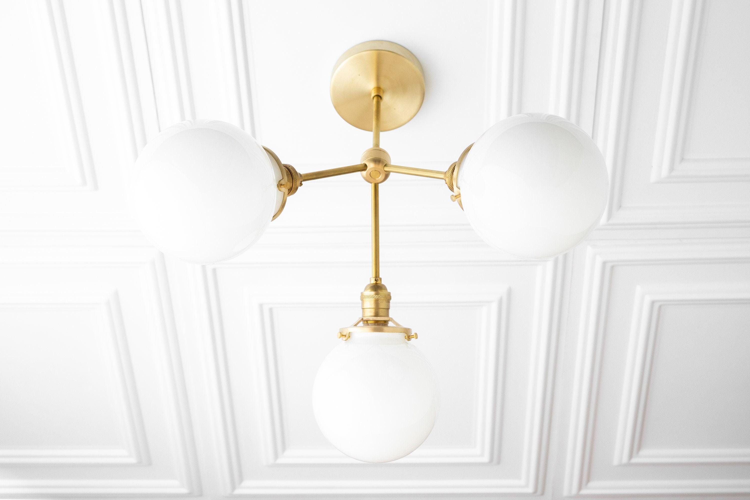 Glorica Glass Chandelier - Brass Globe Ceiling Light with Opal Shade T330