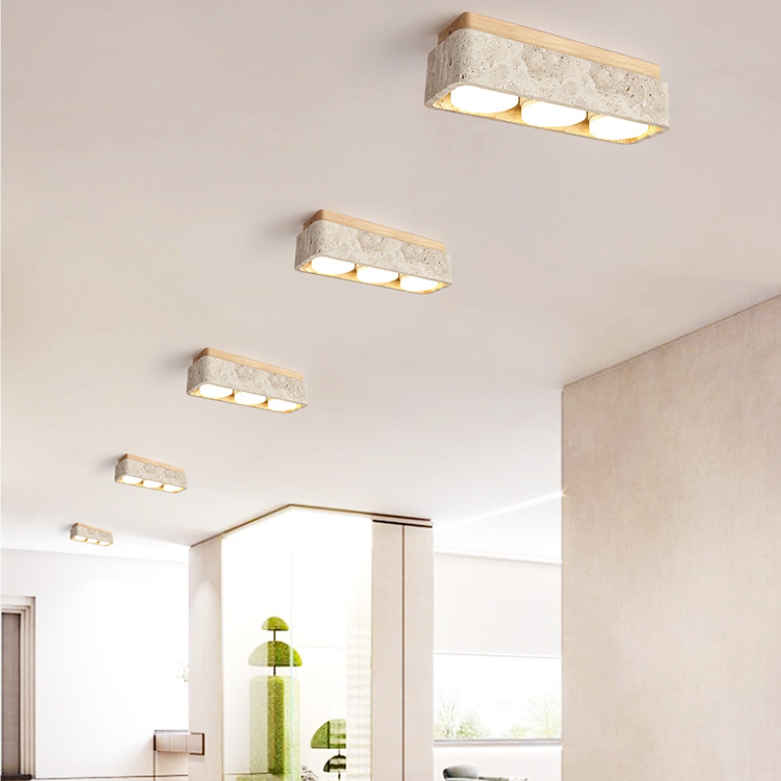 Natural Cube Design Travertine Ceiling Light With Wood Base S297