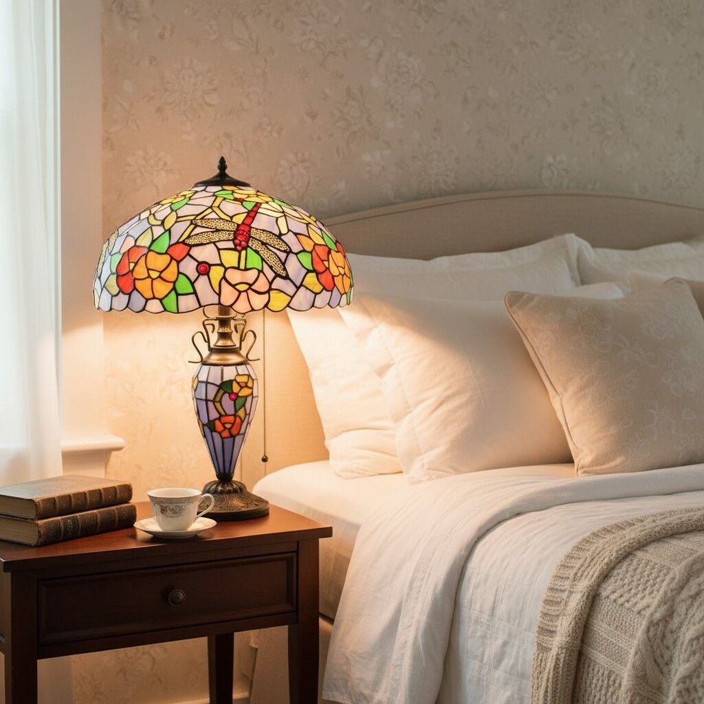 TF Keswick Dragonfly Tiffany Table Lamp - Handcrafted Stained Glass Shade for Living Room or Bedroom T938