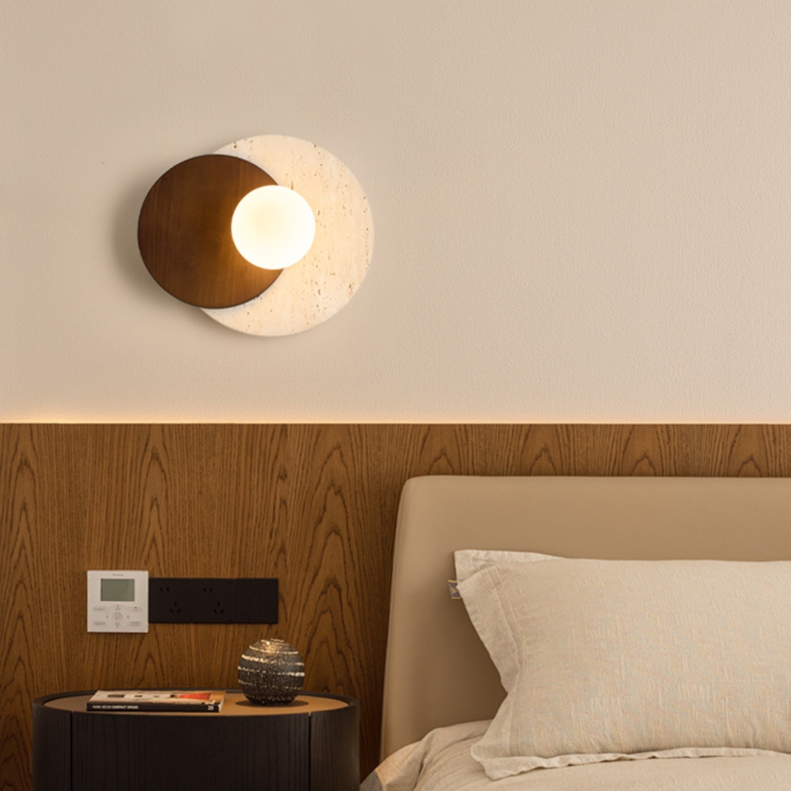 Contemporary Disc Travertine And Wood Dual Tone Wall Sconce S322
