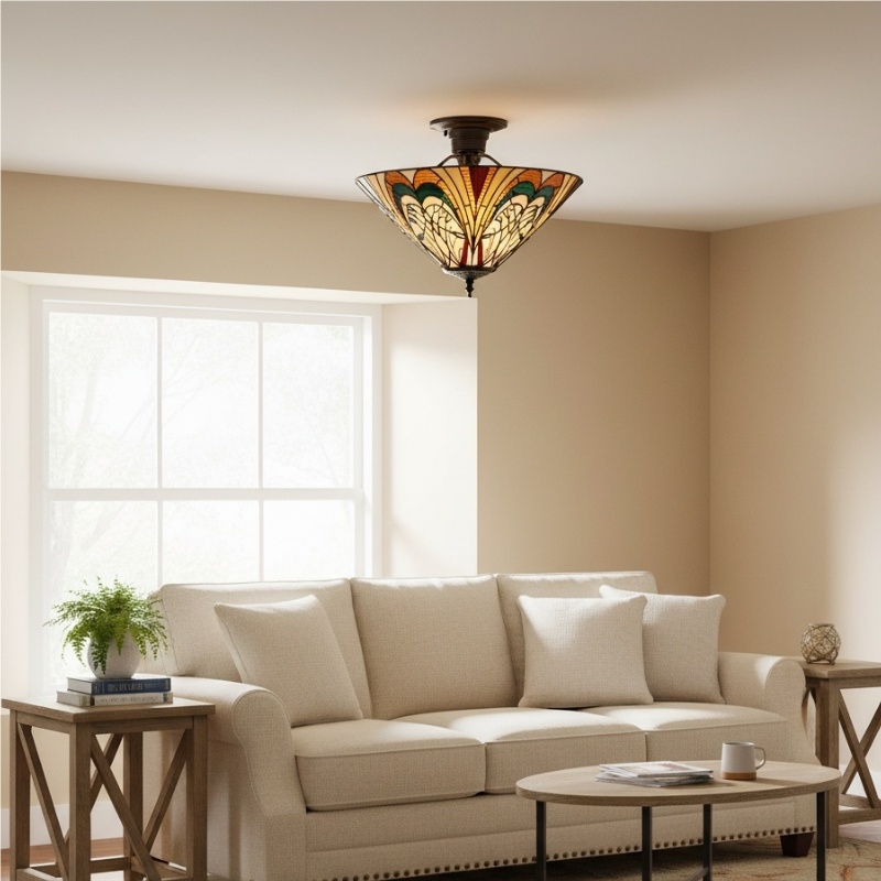 TF Hector Ceiling Light - Handcrafted Stained Glass Design Semi‑Flush or Pendant Fixture for Home T1018