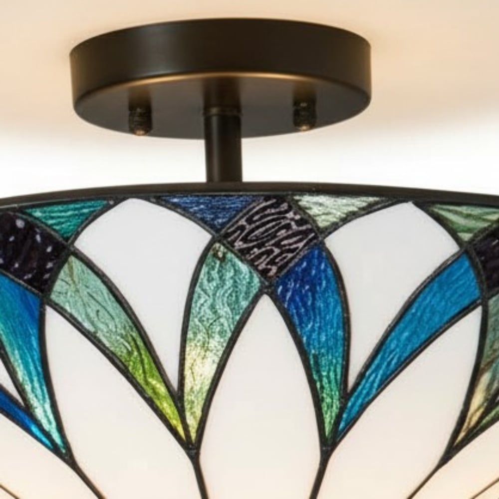 TF Allanton Tiffany Semi Flush Ceiling Light - Art Nouveau Patterned Shade for Living or Dining T1006